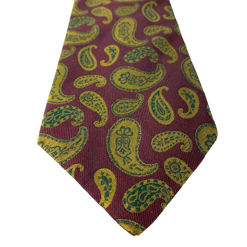 PAUL STUART 100% Silk Burgundy Gold Tip Paisley Tie Made in England